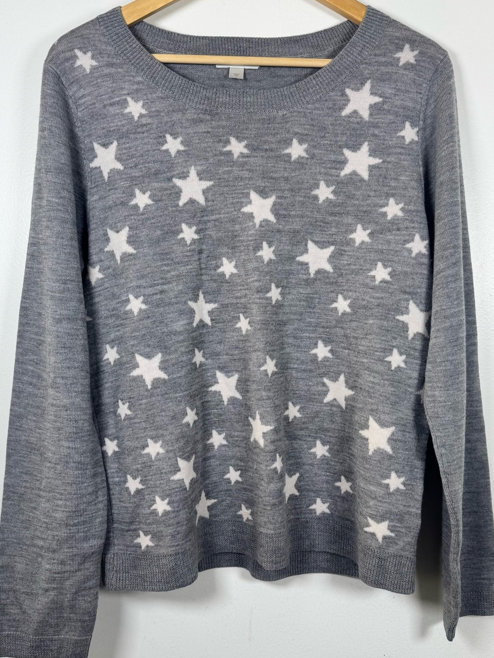 Garnet Hill 100 % Wool Stars Long Sleeve Gray Crewneck Sweater Women’s Large EUC